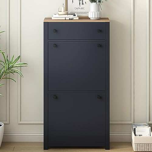 Black Narrow Shoes Cabinet with 2 Adjustable Shelves and Top Drawer O4892