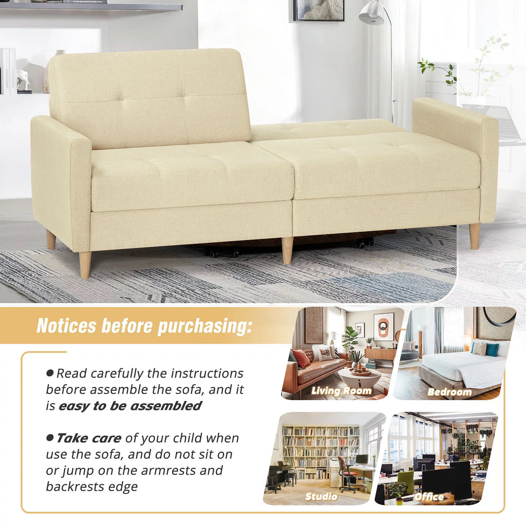 Beige Linen Sleeper Loveseat Sofa with Solid Wooden Frame C672809