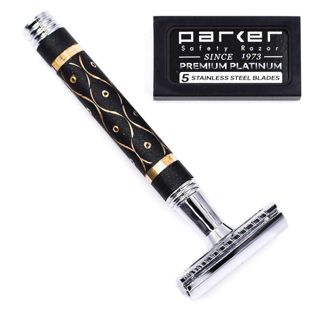 65R Super Heavyweight Gray and Gold Double Edge Safety Razor & 5 Blade Refills C64072