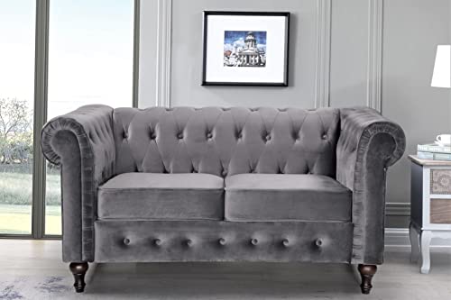 3-Piece Velvet Chesterfield Sofa Set, Grey J963728