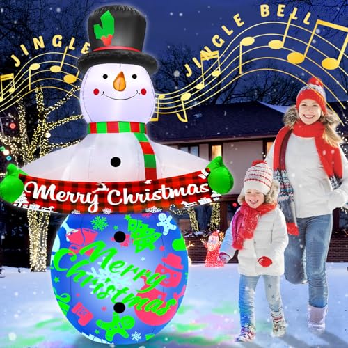 7FT Christmas Inflatables Snowman with Built-in Music & 360° Rotation Colorful Projector LED Light W59477