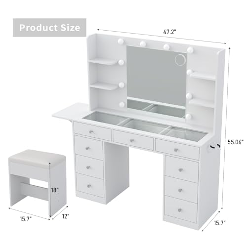 White Vanity Desk with Mirror and 10 LED Lights, 4 Shelves D428034