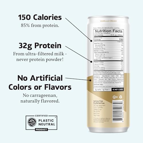 Vanilla Cream High Protein Nutrition Shake, 32g Protein, 1g Sugar, 150 Calories, 1g Net Carbs, Lactose Free, No Added Sugar, 11 fl oz, 12 Cans G5750