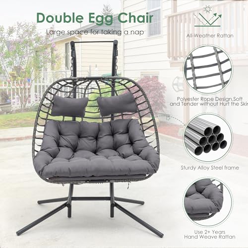 Double Egg Swing Chair with Stand, Hand Made Rattan Wicker, Metal Frame S854