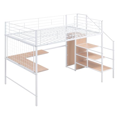 Black Full Size Loft Bed with Desk and Storage Stairs O918
