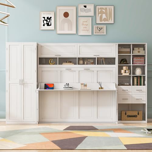 Gray Queen Size Murphy Bed with 5 Drawers and Storage Shelves Y4657