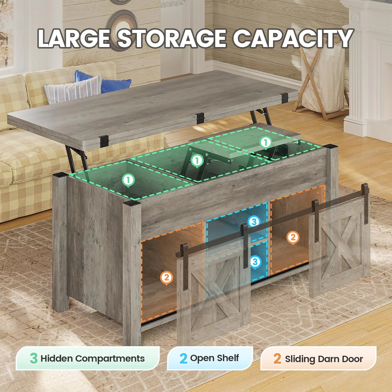 Gray Lift Top Coffee Table with Storage R9132