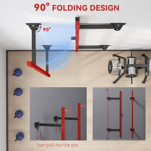 Red Wall Mounted Folding Squat Rack with Pull Up Bar, 1000 Pounds Capacity C116088