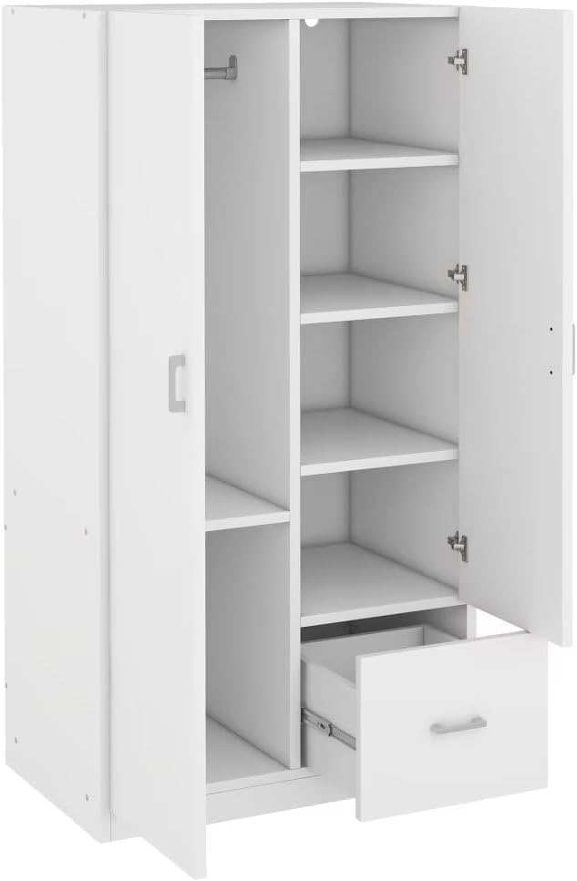 White 2 Door Wood Wardrobe with 5 Fixed Shelves and Hanging Rod J302