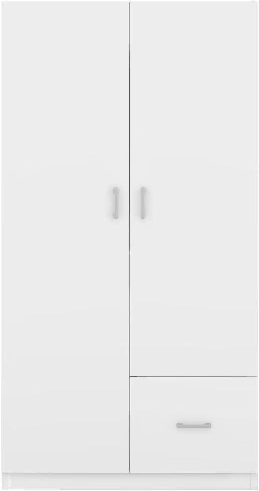White 2 Door Wood Wardrobe with 5 Fixed Shelves and Hanging Rod J302