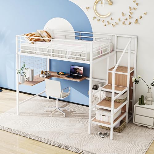 Black Full Size Loft Bed with Desk and Storage Stairs O918
