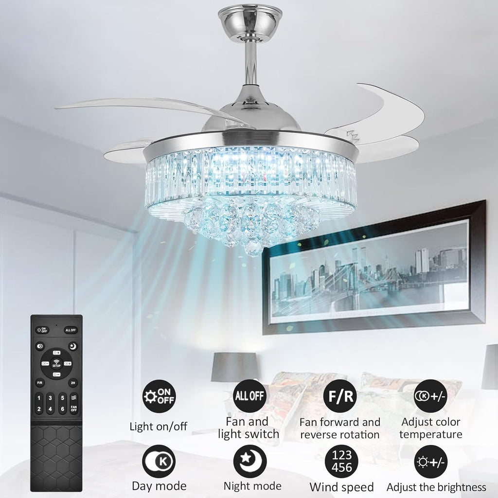 36 Inch Crystal Ceiling Fan with Lights, Remote Control Retractable Invisible Blades B9063