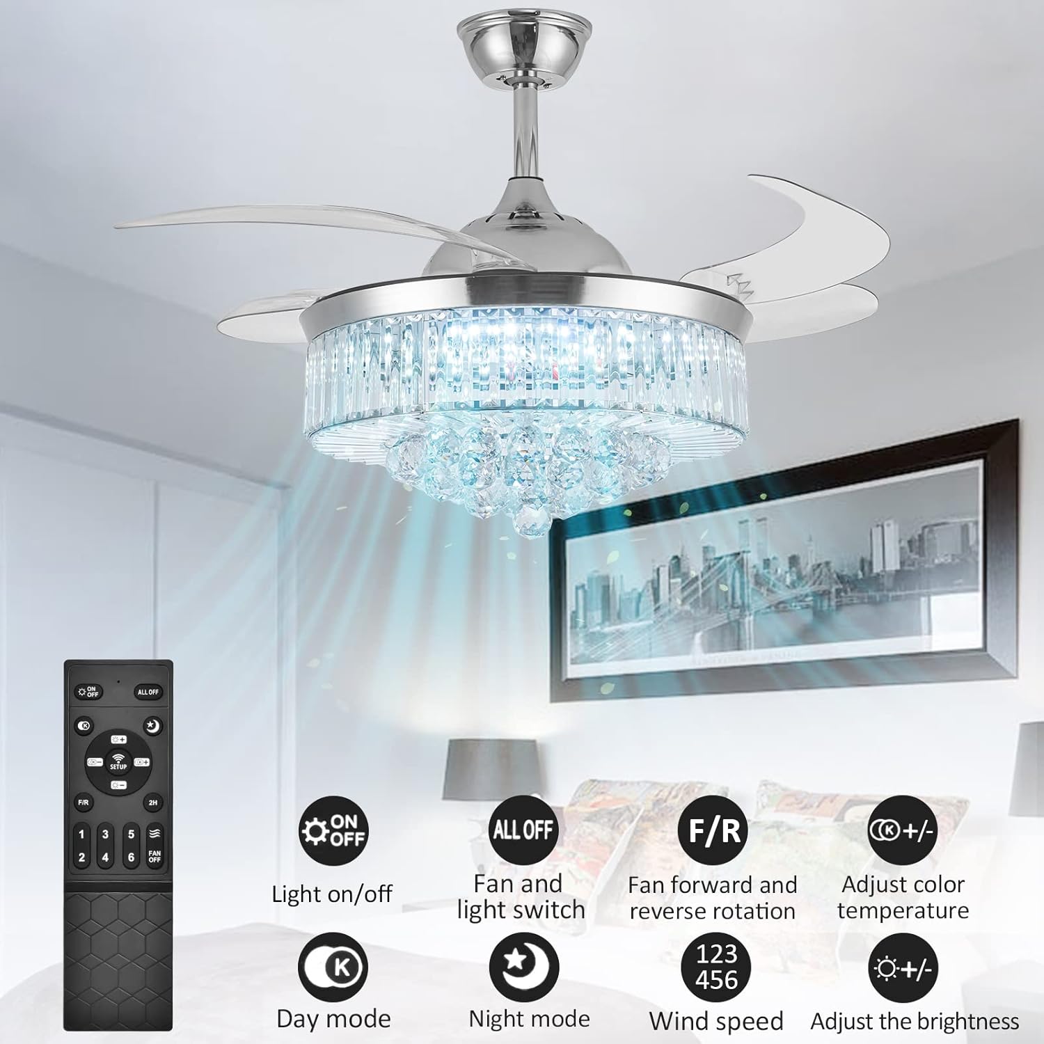 36 Inch Crystal Ceiling Fan with Lights, Remote Control Retractable Invisible Blades B9063