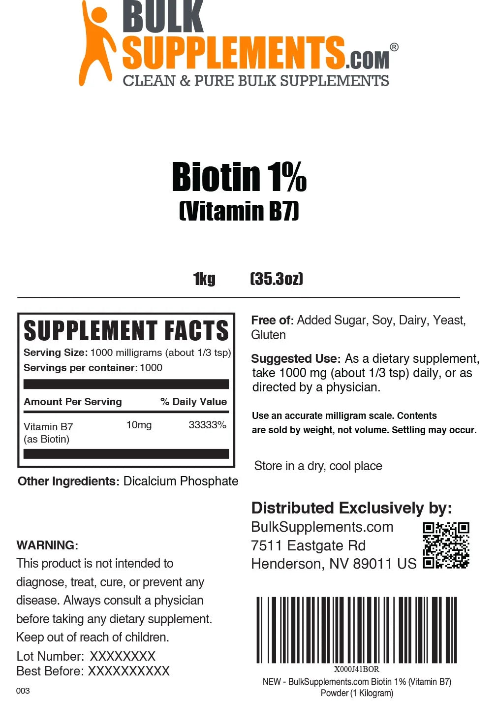 Biotin 1% (Vitamin B7) Powder 1 Kilogram Y814