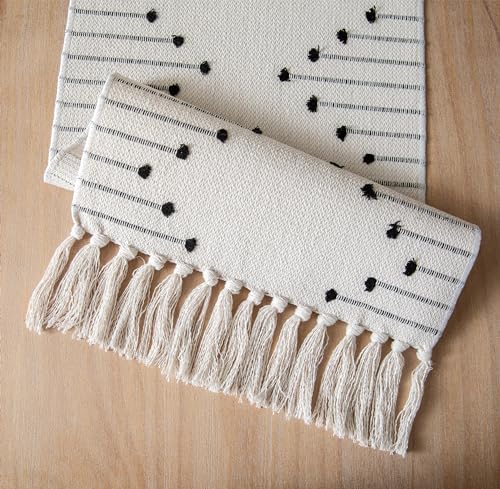 Natural Cotton Woven Table Runner with Tassels, Red and Beige X719890