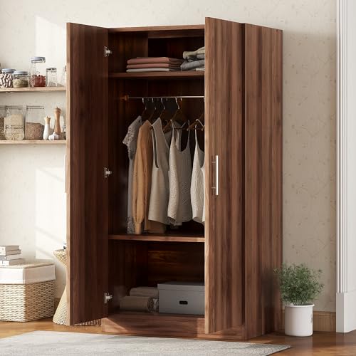 Brown Wooden Armoire Closet with 3-Shelves and Hanging Rail M46014