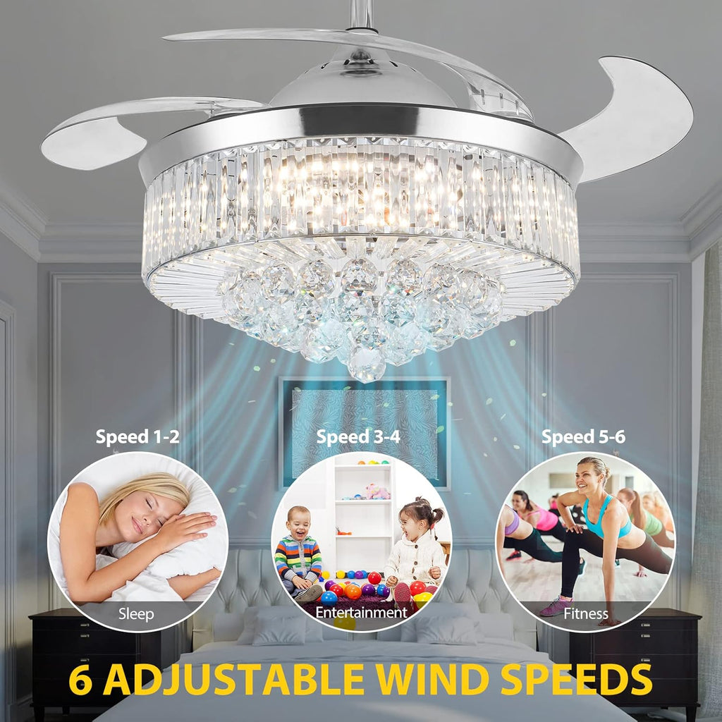 36 Inch Crystal Ceiling Fan with Lights, Remote Control Retractable Invisible Blades B9063