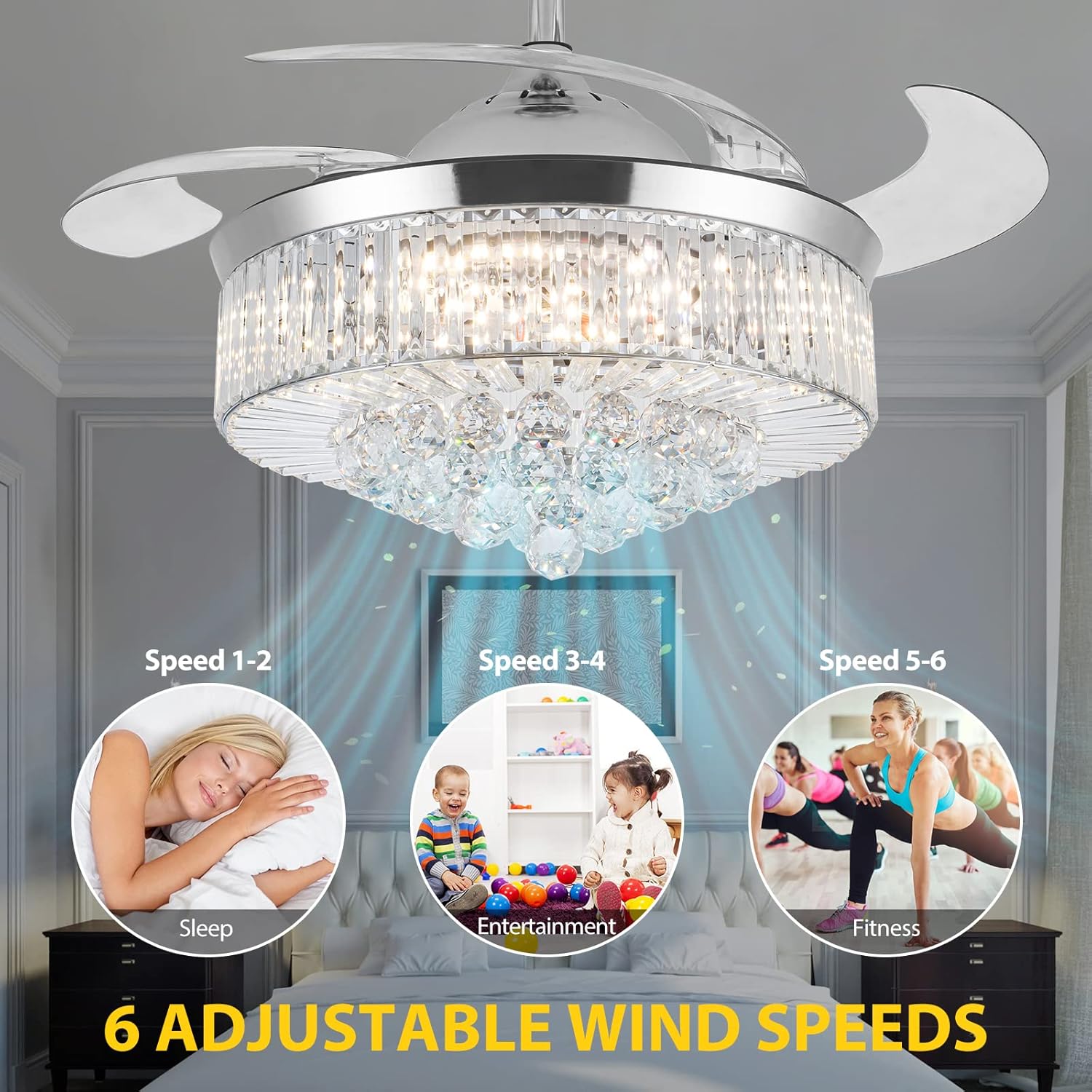 36 Inch Crystal Ceiling Fan with Lights, Remote Control Retractable Invisible Blades B9063