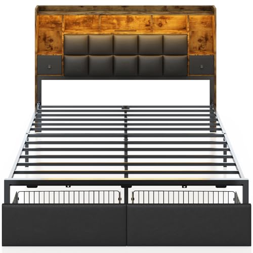 Full Size LED Upholstered Platform Bed Frame with Bookshelf Headboard and 2 Hidden Storage Drawers C231257