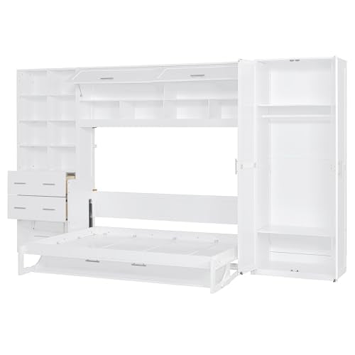 Gray Queen Size Murphy Bed with 5 Drawers and Storage Shelves Y4657