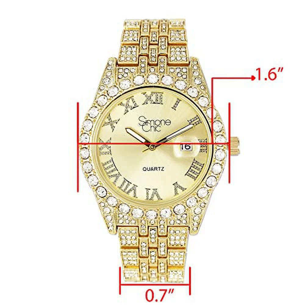 Fully Iced Out Diamond Watch with Roman Numerals Date and Colorful Dials T3683