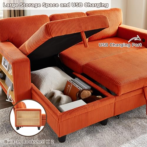 Beige L-Shaped Sleeper Sectional Couch with Storage Chaise J422