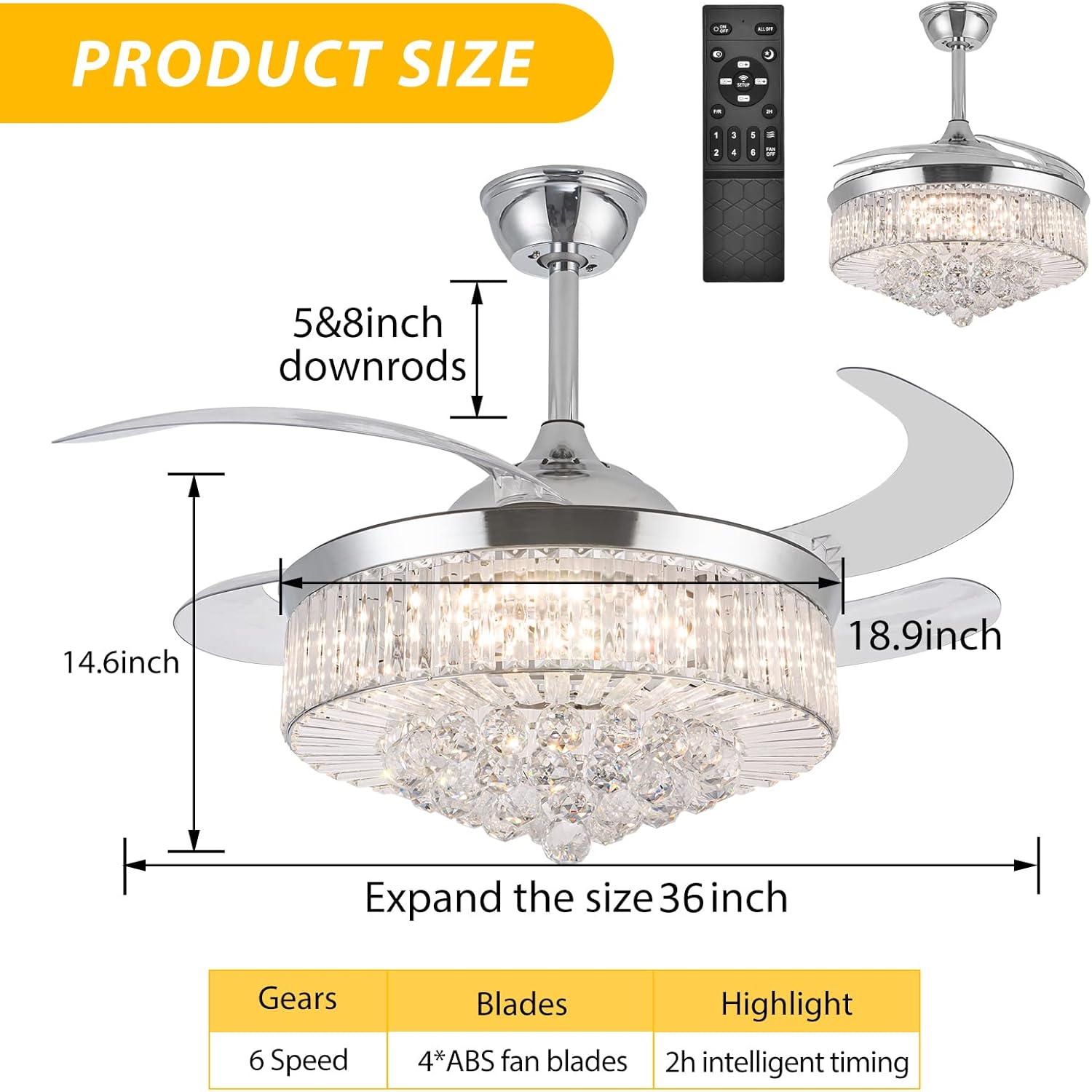 36 Inch Crystal Ceiling Fan with Lights, Remote Control Retractable Invisible Blades B9063