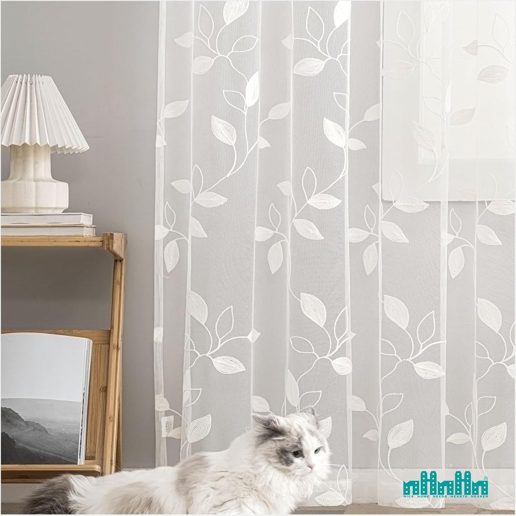 Sheer Curtains 96 inch Length 2 Panels Set, Embroidered Semi Sheer Voile Curtain Panels, Rod Pocket Light Filtering Leaf Sheer Curtains P3598