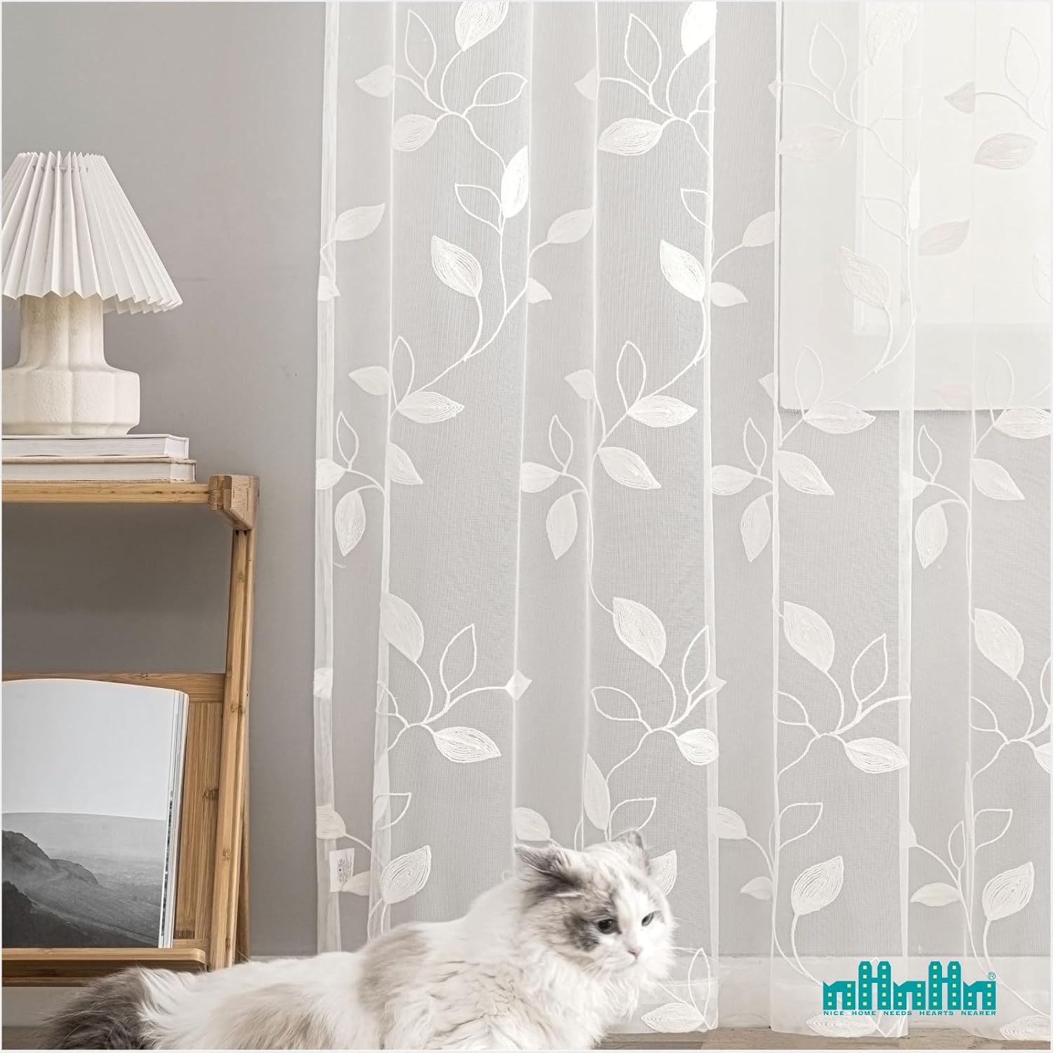 Sheer Curtains 96 inch Length 2 Panels Set, Embroidered Semi Sheer Voile Curtain Panels, Rod Pocket Light Filtering Leaf Sheer Curtains P3598