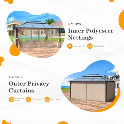 10'x13' Hardtop Gazebo with Curtains and Netting D653951