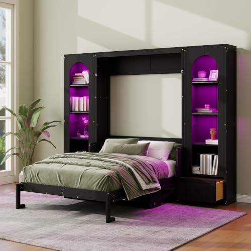 White Queen Size Wood Murphy Bed with Desk and Storage S734765