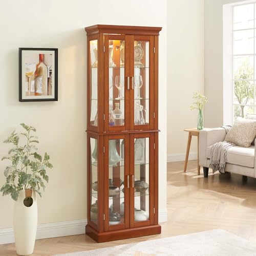 Cherry Wood Curio Cabinet with Tempered Glass Doors F35183