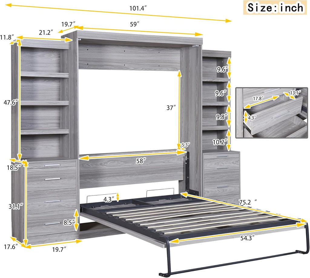 Gray Full Size Wood Murphy Bed with Storage Shelves and Drawers T84061