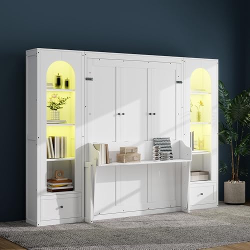 White Queen Size Wood Murphy Bed with Desk and Storage S734765