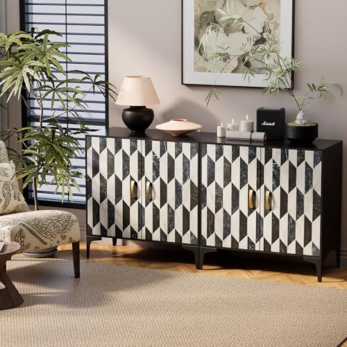 Black 2 Packs Sideboard with 4 Faux Marble Doors and Gold Handles, 27.6 X 15.75 X 31.5 Inches V781