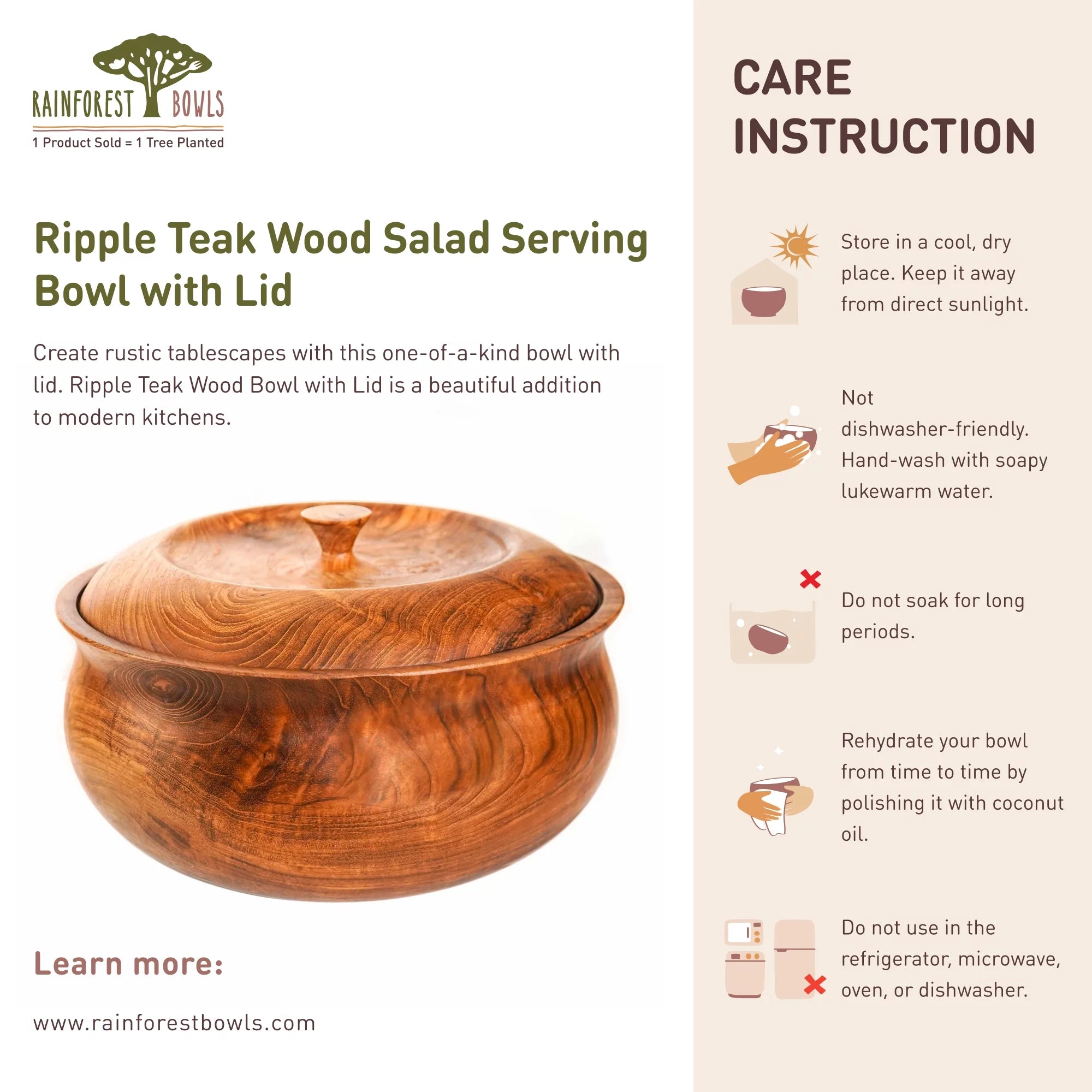 Teak Wood Salad Serving Bowl with Lid R83342