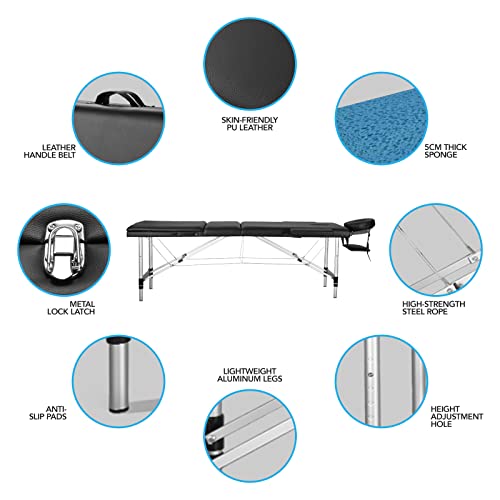 Portable 3 Fold Height Adjustable Aluminum Massage Table with Carry Bag D2498