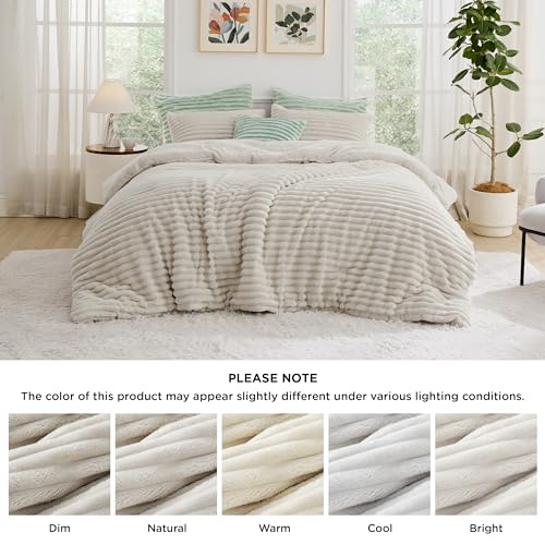 King Size Cream White Faux Fur Comforter Set with 2 Pillowcases X701