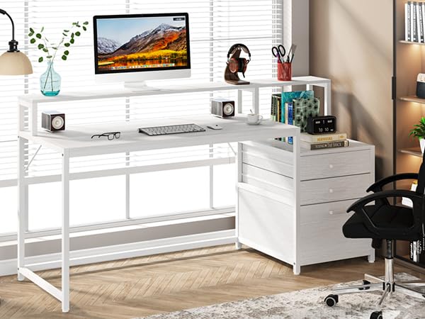 63 Inch Computer Desk with File Drawer Cabinet and Monitor Stand X910