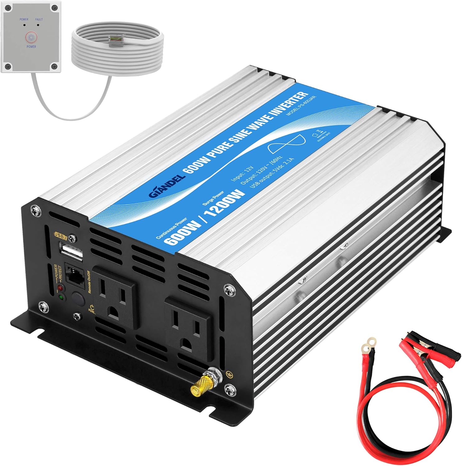 600W 12V DC to 110V 120V Pure Sine Wave Power Inverter with Remote Control Dual AC Outlets USB Port X3511