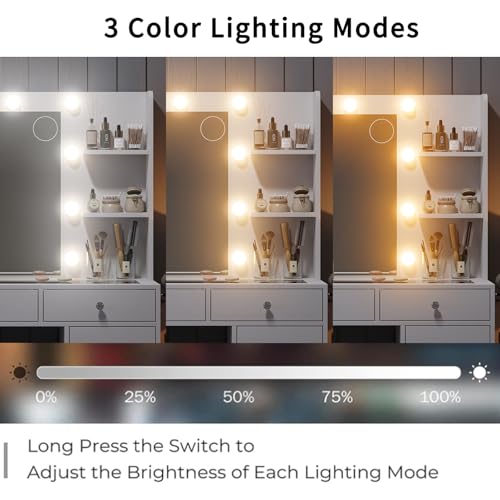 White Vanity Desk with Mirror and 10 LED Lights, 4 Shelves D428034