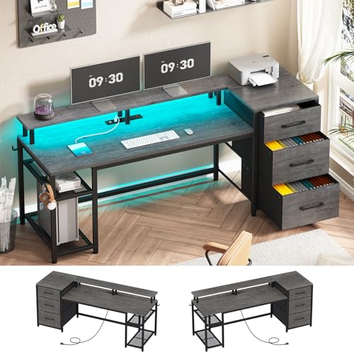 Black Office Desk with Drawers and LED Lights H43927
