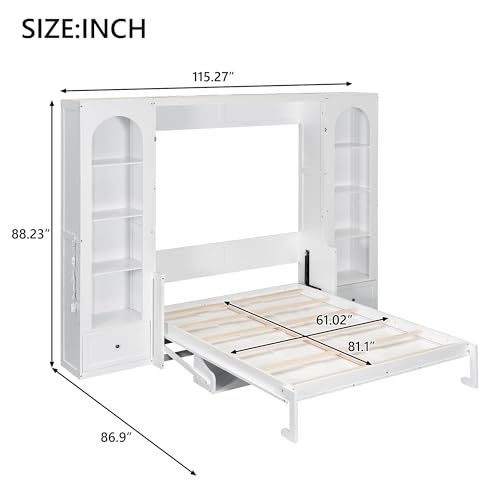 White Queen Size Wood Murphy Bed with Desk and Storage S734765