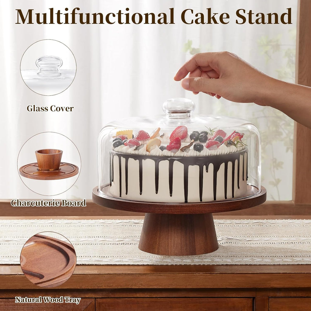Wood Glass Cake Stand with Dome 11IN L1586