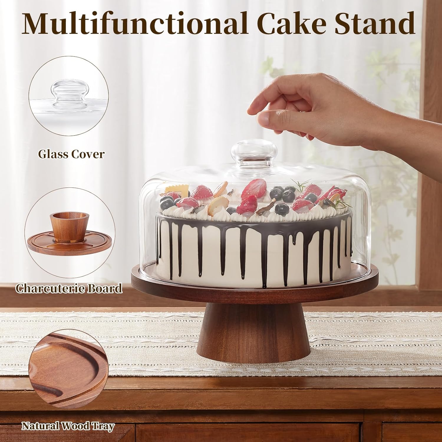 Wood Glass Cake Stand with Dome 11IN L1586