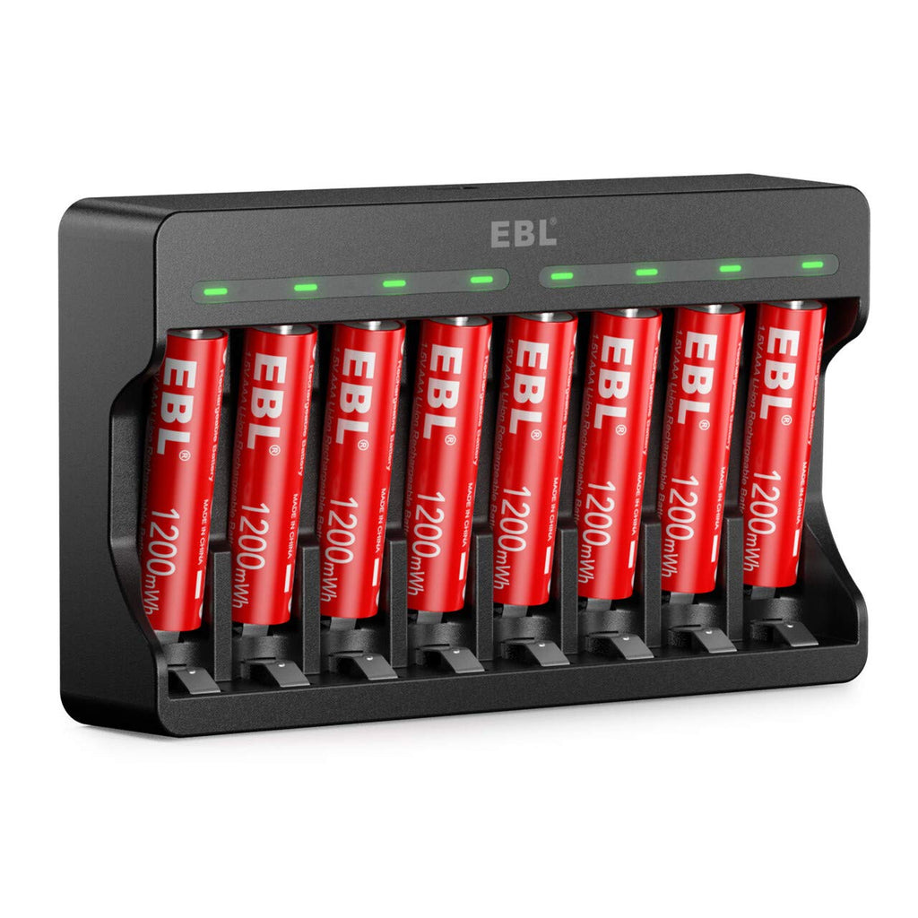 8 Pack Rechargeable Lithium AAA Batteries 1200mWh with 8 Bay Smart Battery Charger Y661163
