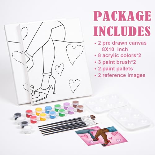 2 Pack Pre Drawn Canvas Painting Kit with Paints Brushes Pallets (8x10) Y12530
