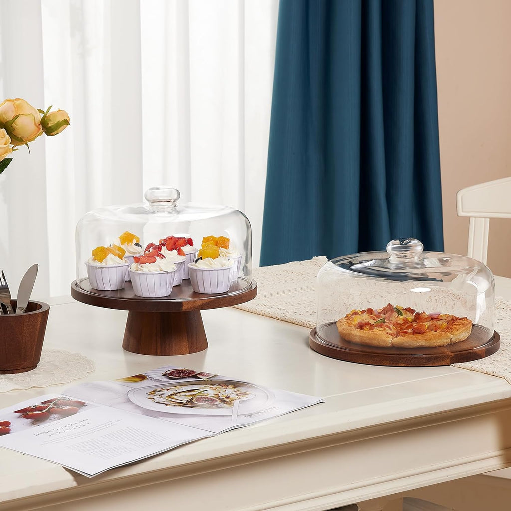 Wood Glass Cake Stand with Dome 11IN L1586