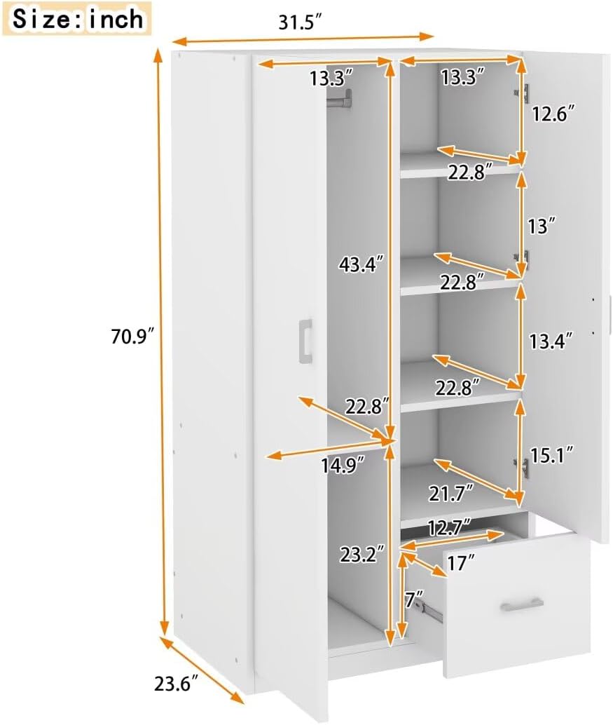 White 2 Door Wood Wardrobe with 5 Fixed Shelves and Hanging Rod J302