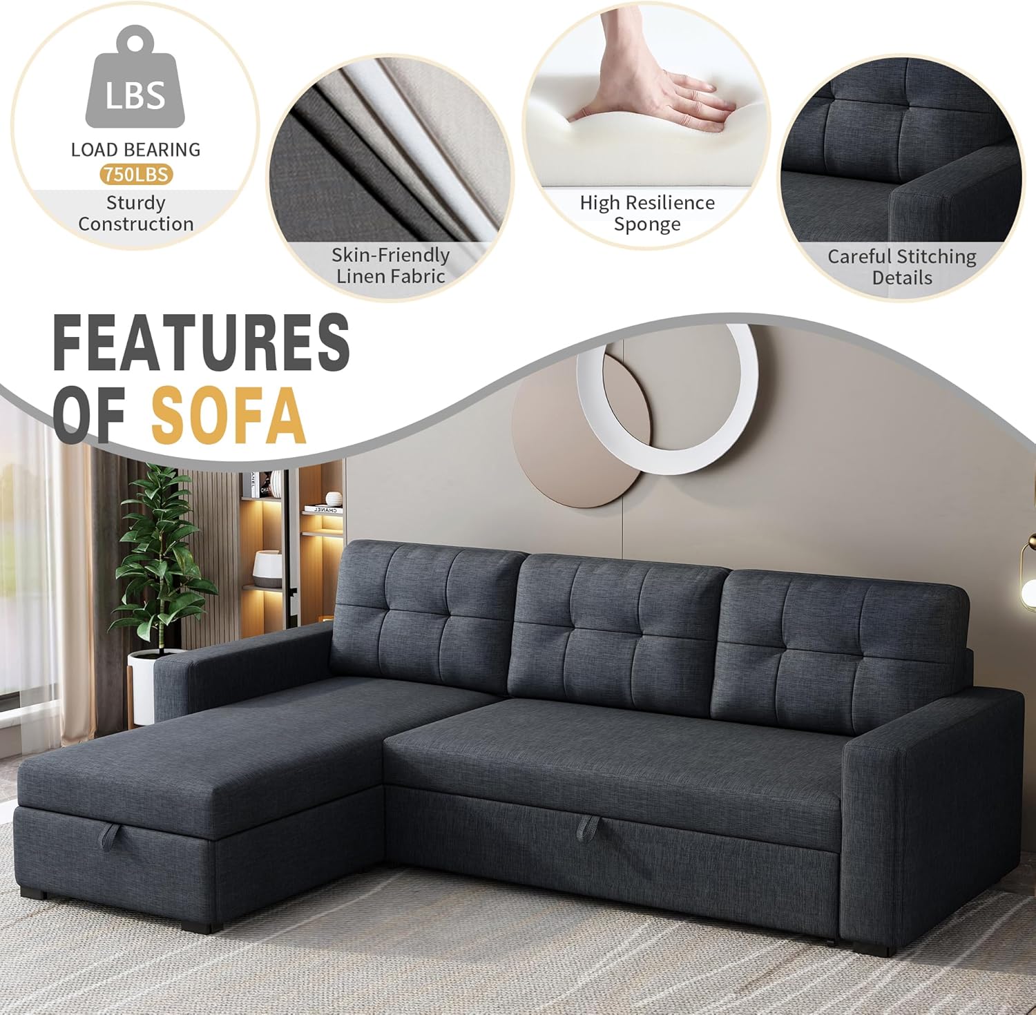 Dark Grey L Shaped Sleeper Sofa with Pull Out Bed and Storage M265